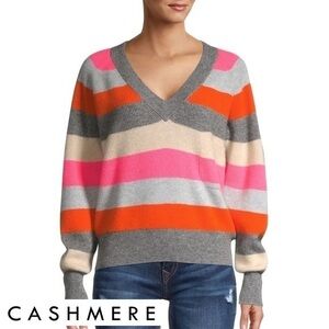Brodie Cashmere Stripes Gray Pink V-neck Long Sleeve Sweater S